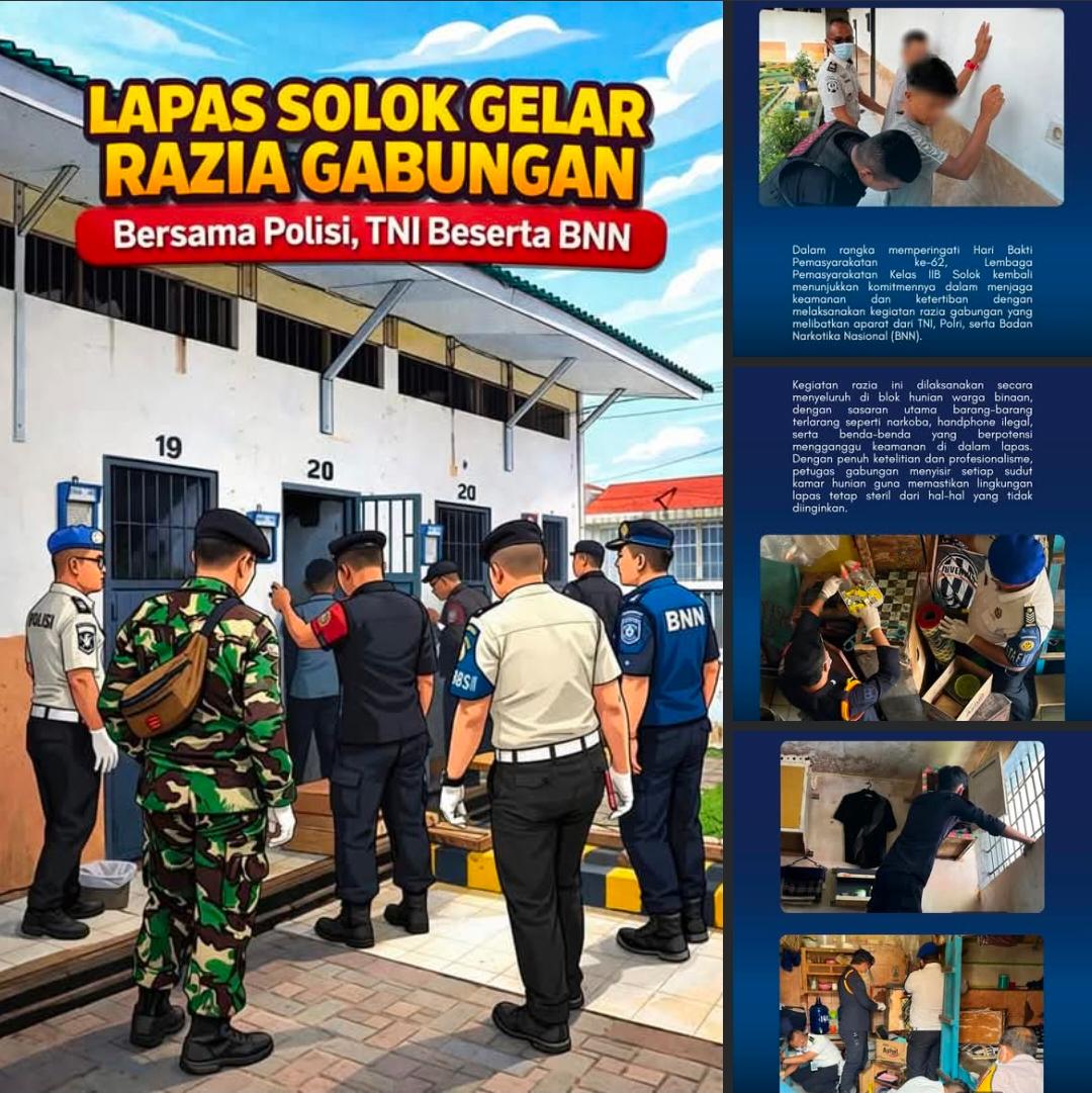Sinergi Tanpa Kompromi! Lapas Solok Gelar Razia Gabungan Bersama TNI, Polri, dan BNN dalam Peringatan Hari Bakti Pemasyarakatan ke-62